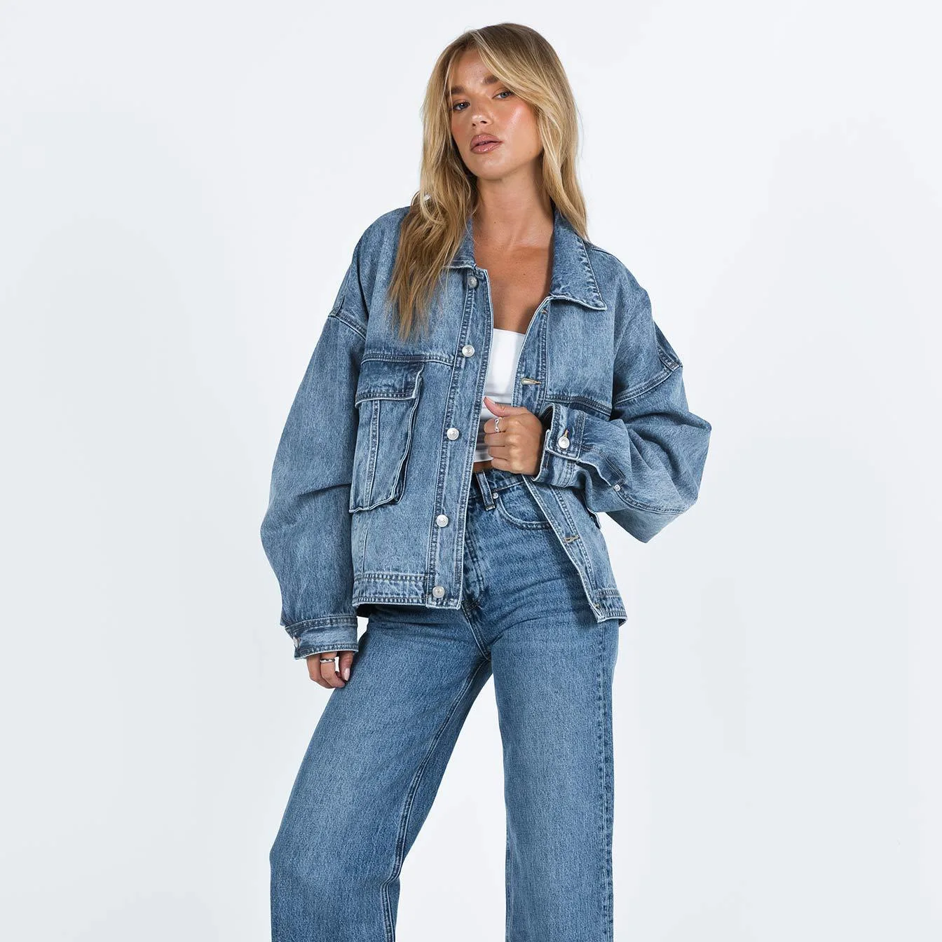New Fashion American European Women's Loose Casual Trendy Turn-down Collar Long Sleeve Simple Pocket Denim Cargo Jacket Female