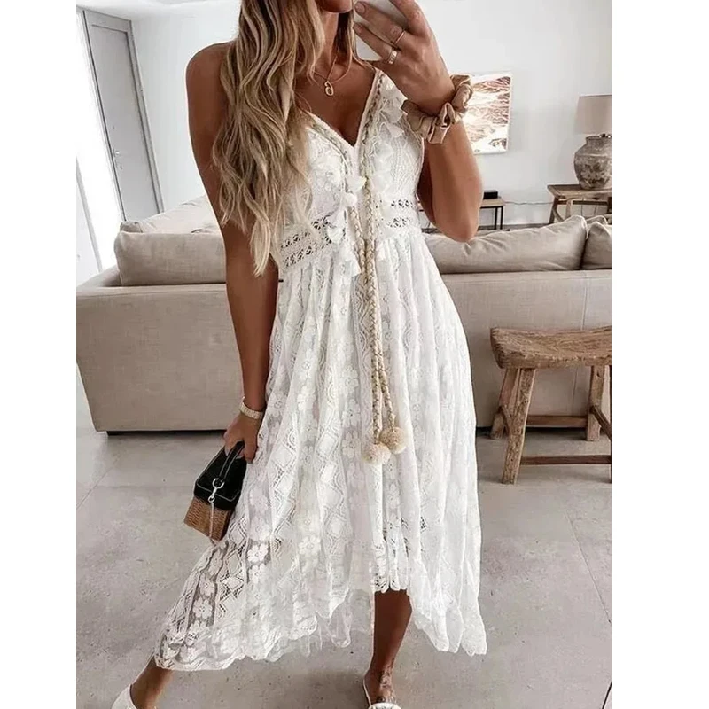 Summer New Lace Sling Big Swing Solid Color Long Skirt Dress Spring V-neck Sleeveless Beach Dresses Casual Chain Link Dress image 3