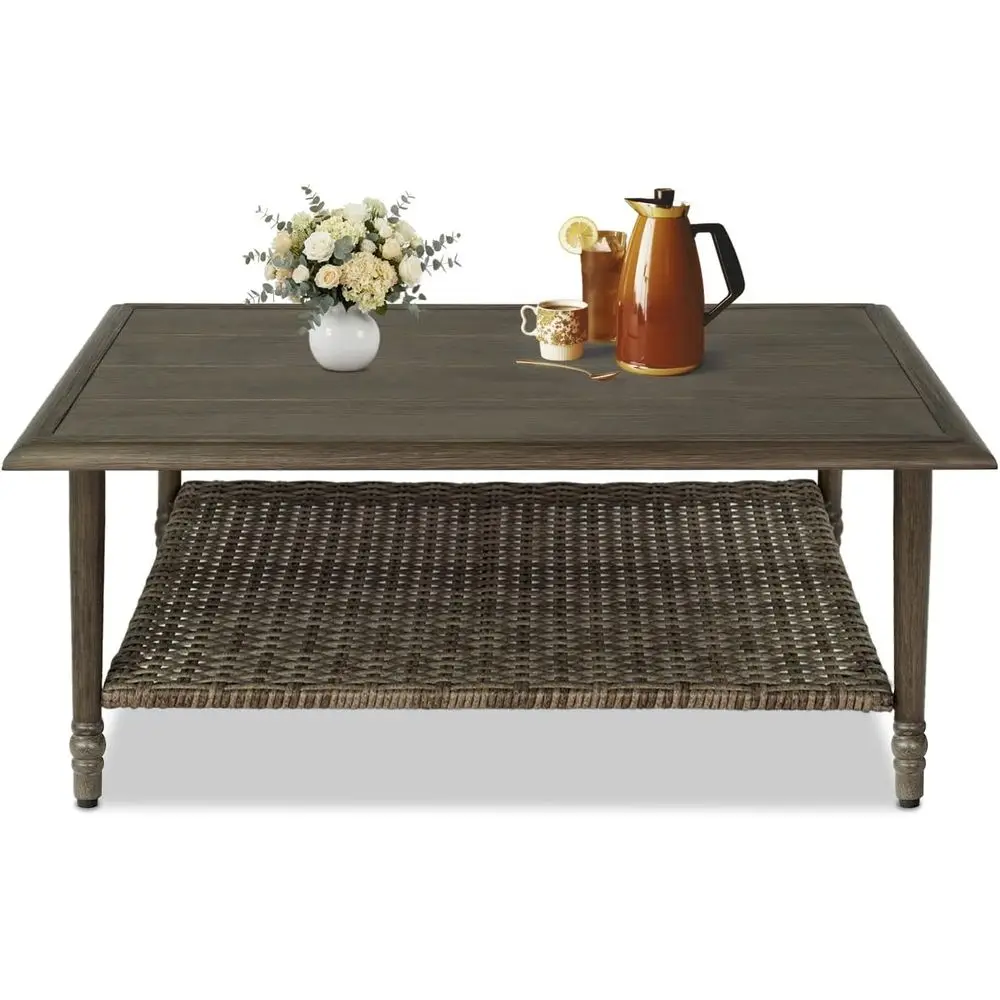 

Durable Wicker Outdoor Coffee Table with 2-Tier Storage for Patio, Deck, and Poolside Use