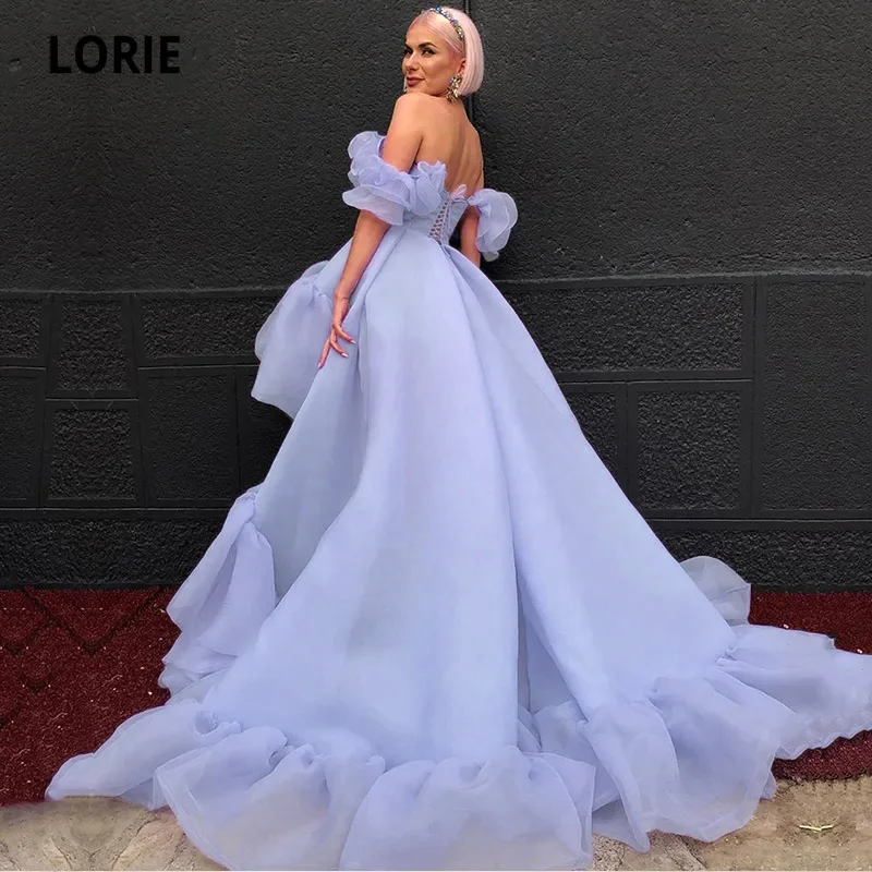 High Low Prom Dresses Arabic Lavender Ruffles Off The Shoulder Organza Evening Gown Girl Party Dress Maternity Photo Dress