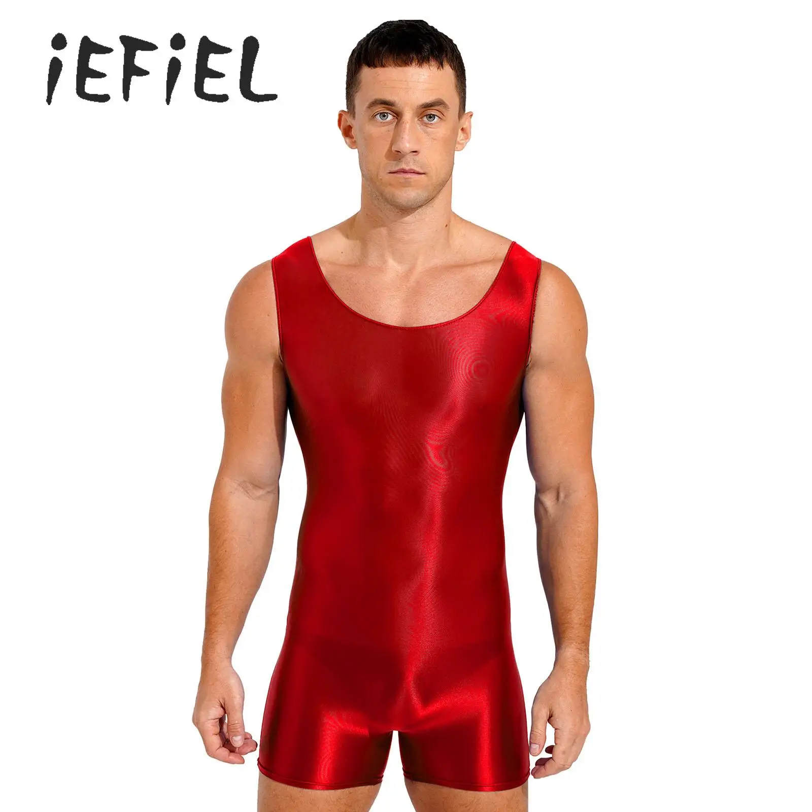 

Mens One-Piece Swimsuit Rash Guards Glossy Stretchy Shorty Bodysuit Jumpsuit Swimwear Sleeveless Athletic Water Sports Tights