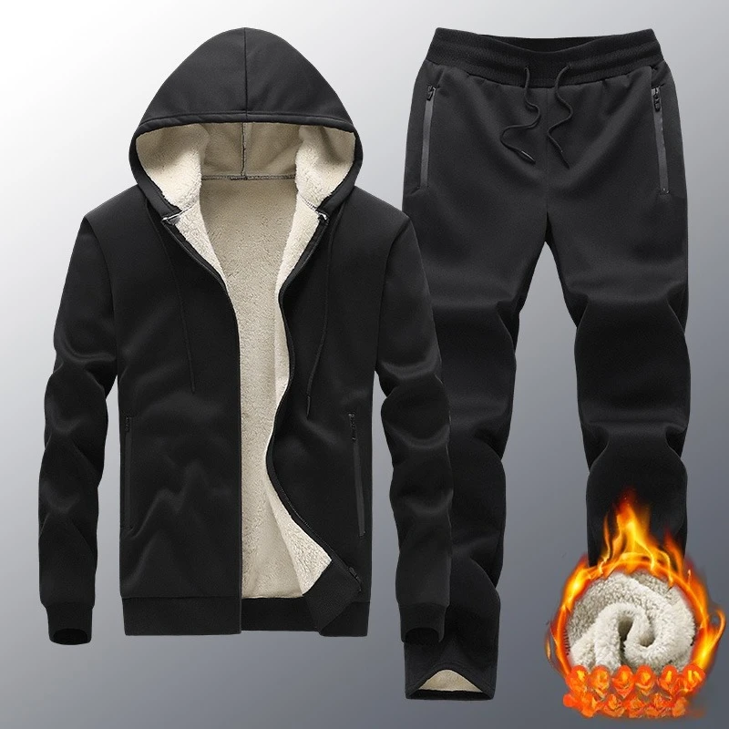 Winter Tech Fleece Men Set Fashion Brand Tracksuit Lined Thick Male Warm Outerwear Hooded Sweatshirt Pants Sportswear 2Pcs Sets