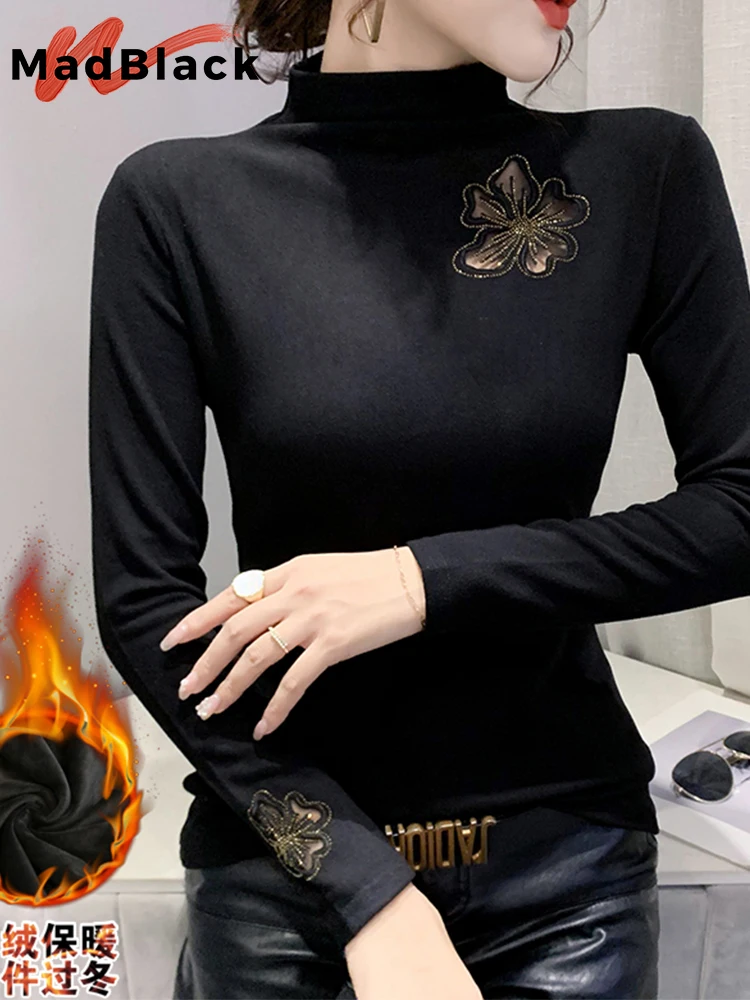 

MadBlack European Clothes Tshirt Women High Neck Hollow Out Diamond Thicken Fleece Slim Top Long Sleeve Tee Fall Winter T30483JD