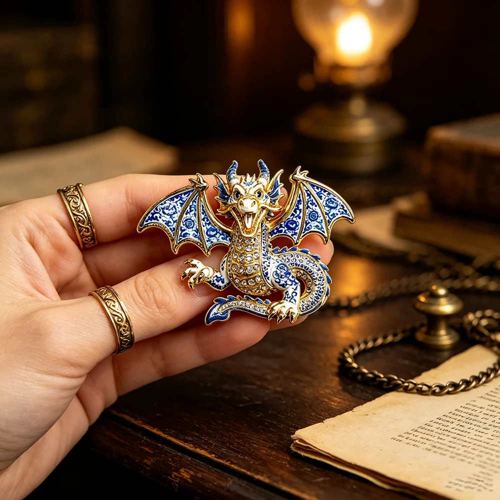 Gold Rim Blue White Porcelain Dragon Brooch, Crystal Enamel Flying Dragon Pin, Retro Costume Jewelry Accessory Gift