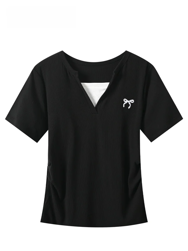 

plus Size Short Sleeve T-Shirt Women's Summer New Style Fashionable Shoulder Top Trendy Knot Cotton V-neck Regular ...