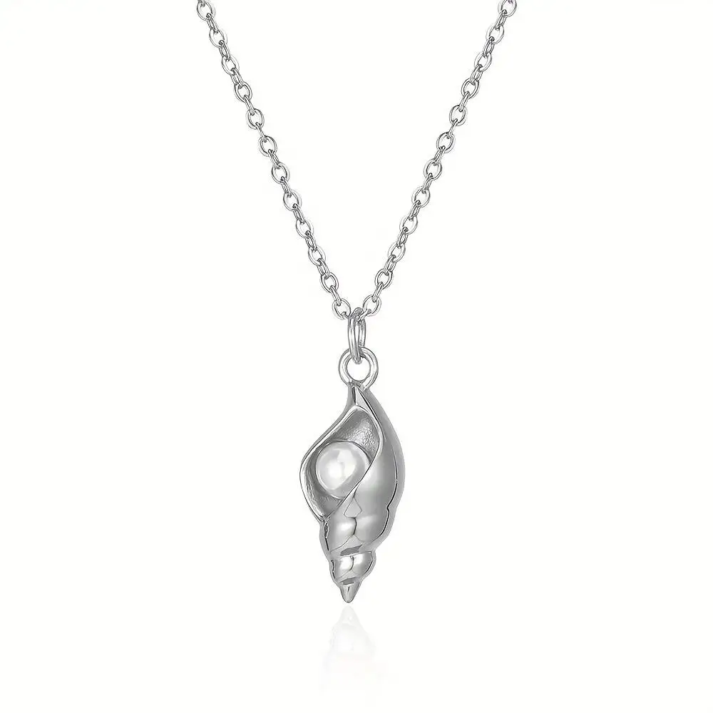 Stainless Steel Minimalist Artificial Pearl Conch Shell Pendant Necklace Hawaii Beach Jewelry Accessories