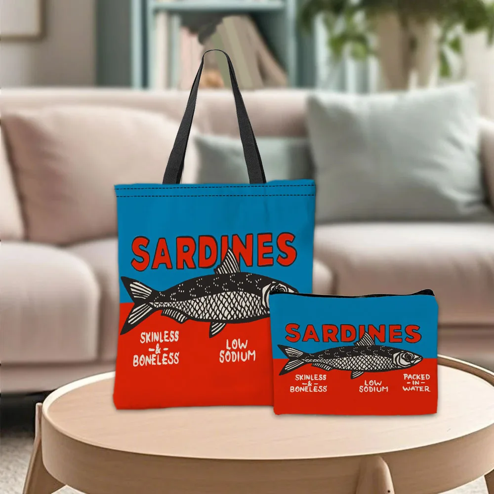 

Модная красочная сумка-тоут с сардинами, косметичка, практичная комбинированная сумка для хранения покупок, синяя, красная, стильная дорожная сумка