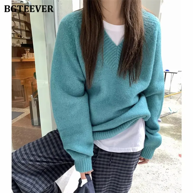 

BGTEEVER Casual V-neck Warm Loose Female Knitted Pullovers Long Sleeve Thicken Women Solid Sweaters Tops Autumn Winter