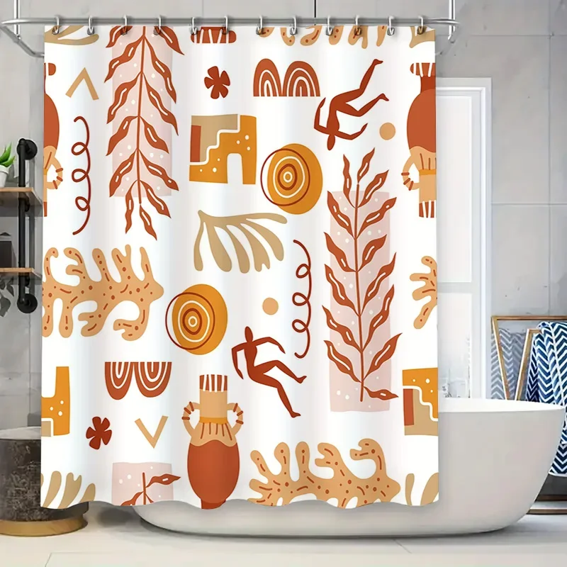 

"Boho Tribal Pattern Waterproof Shower Curtain for Modern Bathroom Decor – Stylish Abstract Design with Nature Motifs, Anti-Mold