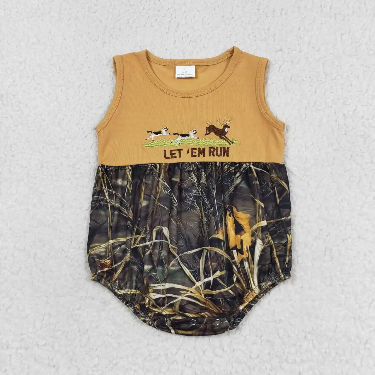 

Summer Fashion Boys Girls Let Run Embroidered Puppy Elk Light Brown Vest Onesie Romper Wholesale Boutique Children Clothes RTS