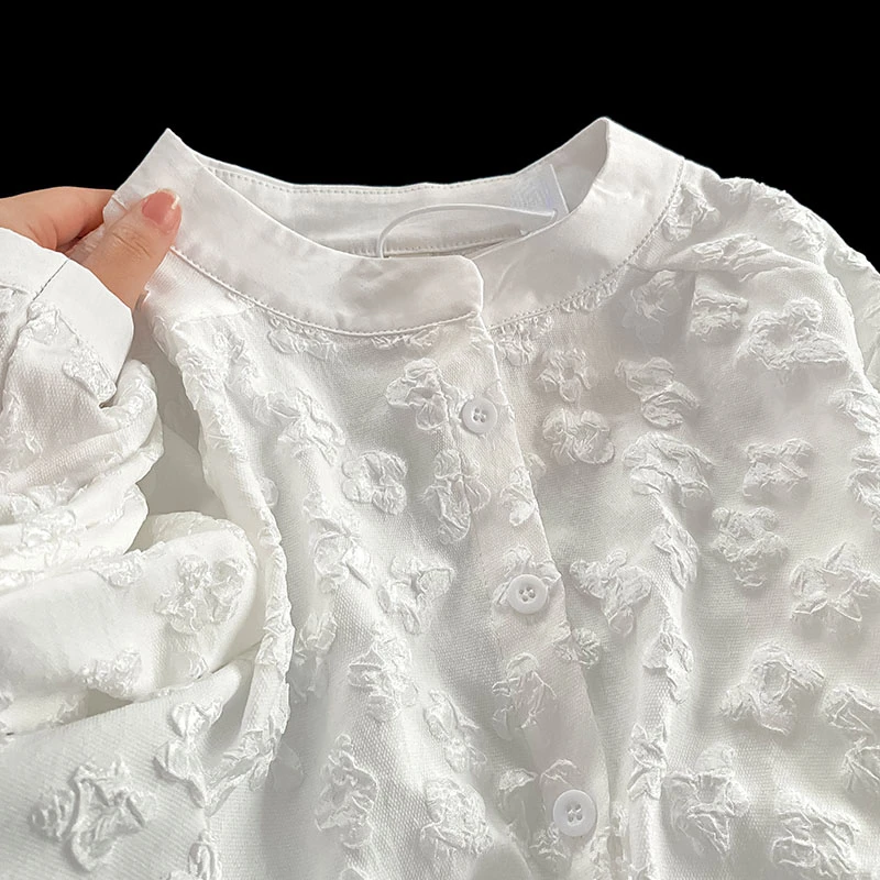 White Blouses Women Clothing O-neck Vintage Jacquard Shirts 2024 Camisas De Mujer Fashion Korean Single Breasted Oversized Tops