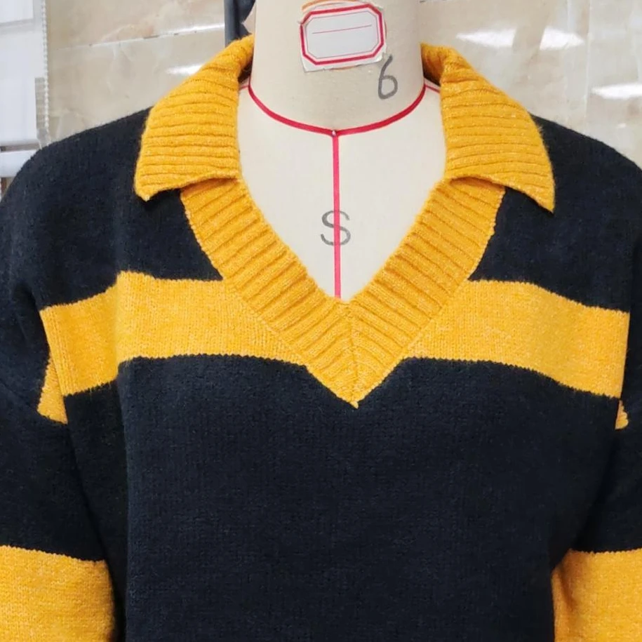 

Women Contrast Striped Crop Sweater Loose Lapel V Neck Long Sleeve Pullover Knit Tops Casual Winter Fall Clothes