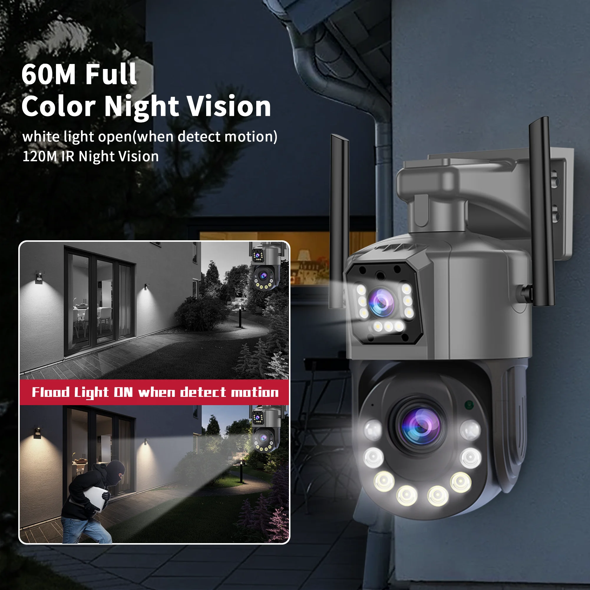 8MP Dual Lens PTZ WIFI Security Camera, Support 36X Optical Zoom Human Detection 60m Color Night Vision Two-Way Audio IP65