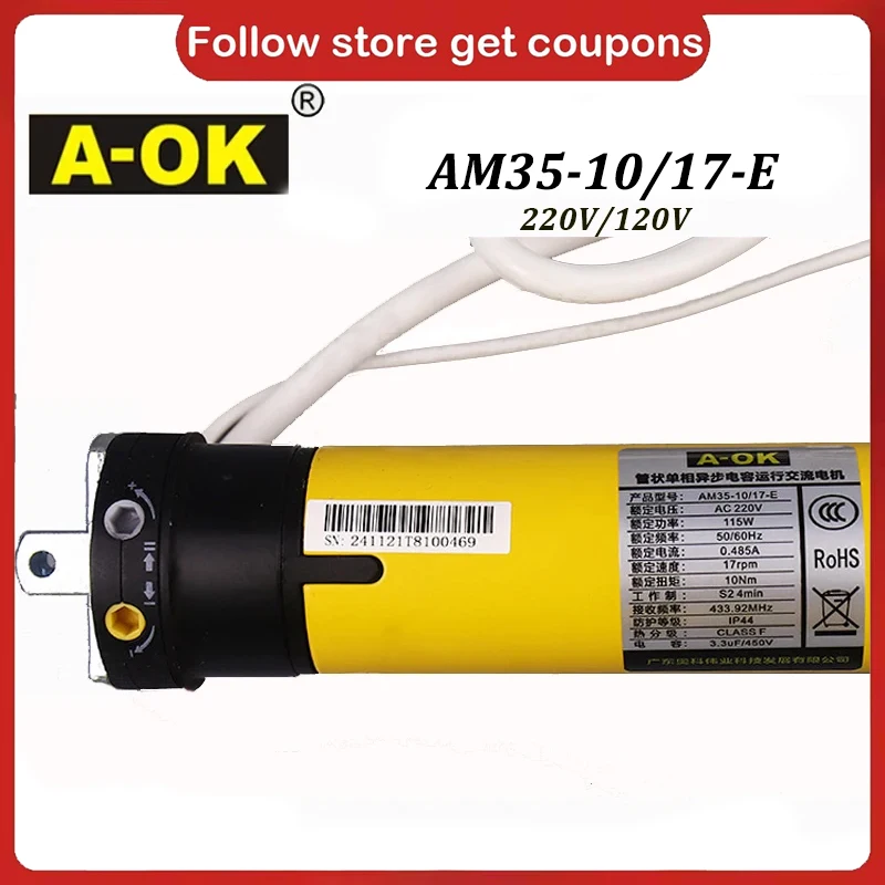 

A-OK AM35 10/17 230V/120V Rolling Tubular Motor,RF433 Remote, for 40/45mm/47mm/50mm Tube,for Rolling Blinds