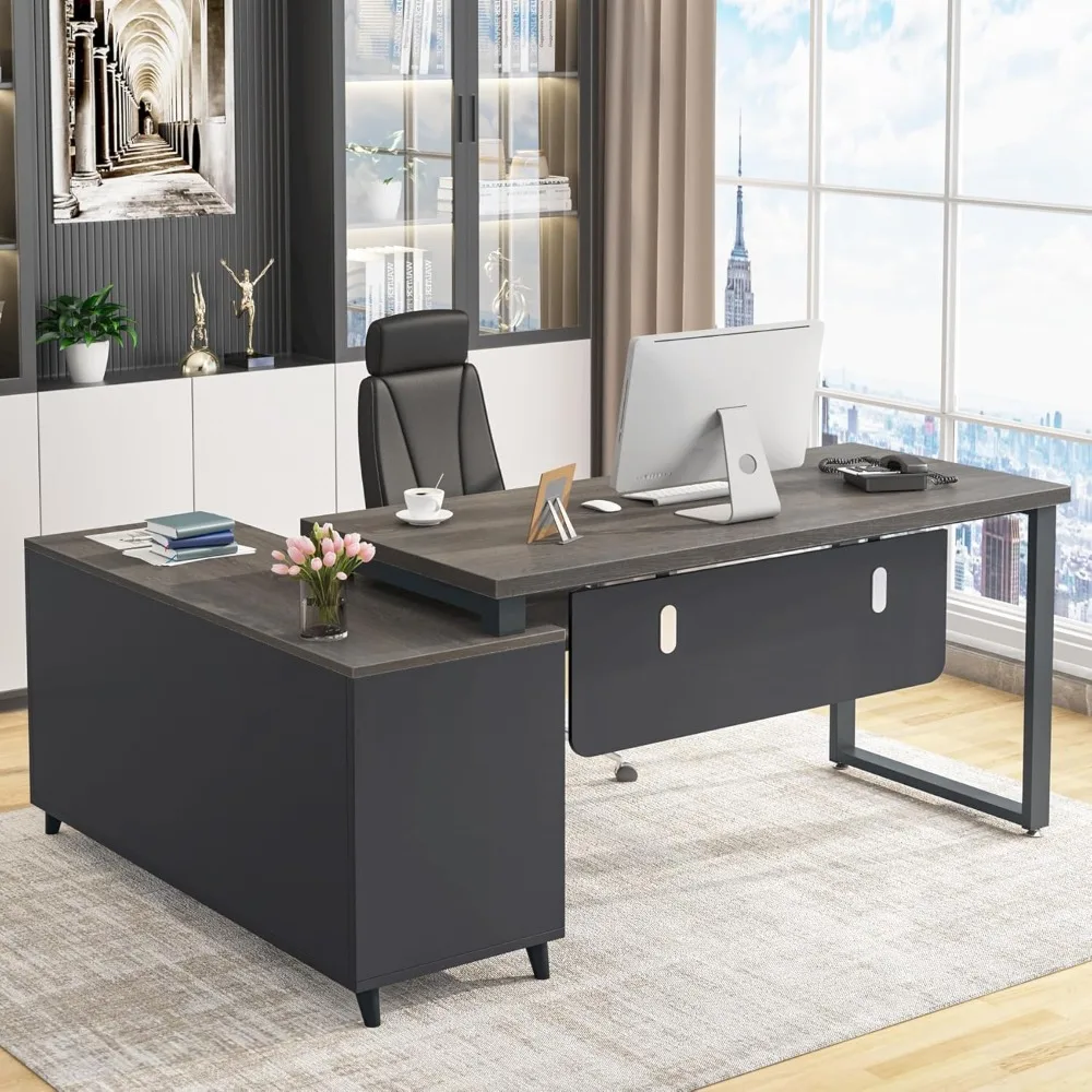 

Computer Desk L Shaped with 2 Drawers, 55 Inch Executive with Cabinet Storage Shelves, Easy To Assemble Office Desk