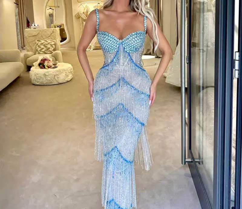 customized sweetheart thin strap gradient blue rhinestone beaded layered fringe sheer mesh mermaid midi evening dress