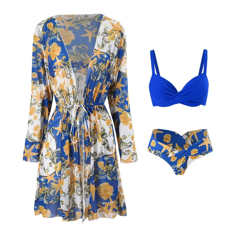 New Family Swimsuit Girls Print One-Piece Swimwear Mommy Bikini Sun Protection Cover Up 3Pcs Summer Family Matching Clothes  123