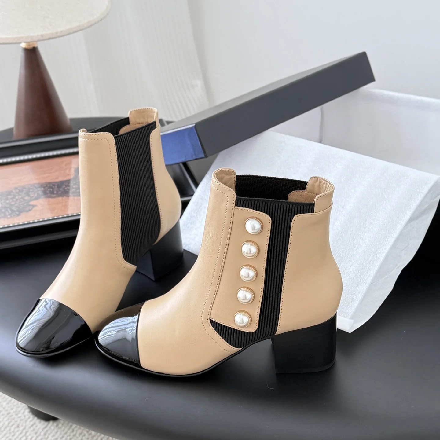 

Hot Sale Women's boots Ankle boots for women Luxe-Design Round toe Square heel 6-9cm Genuine leather sole Pearl decoration 35-40