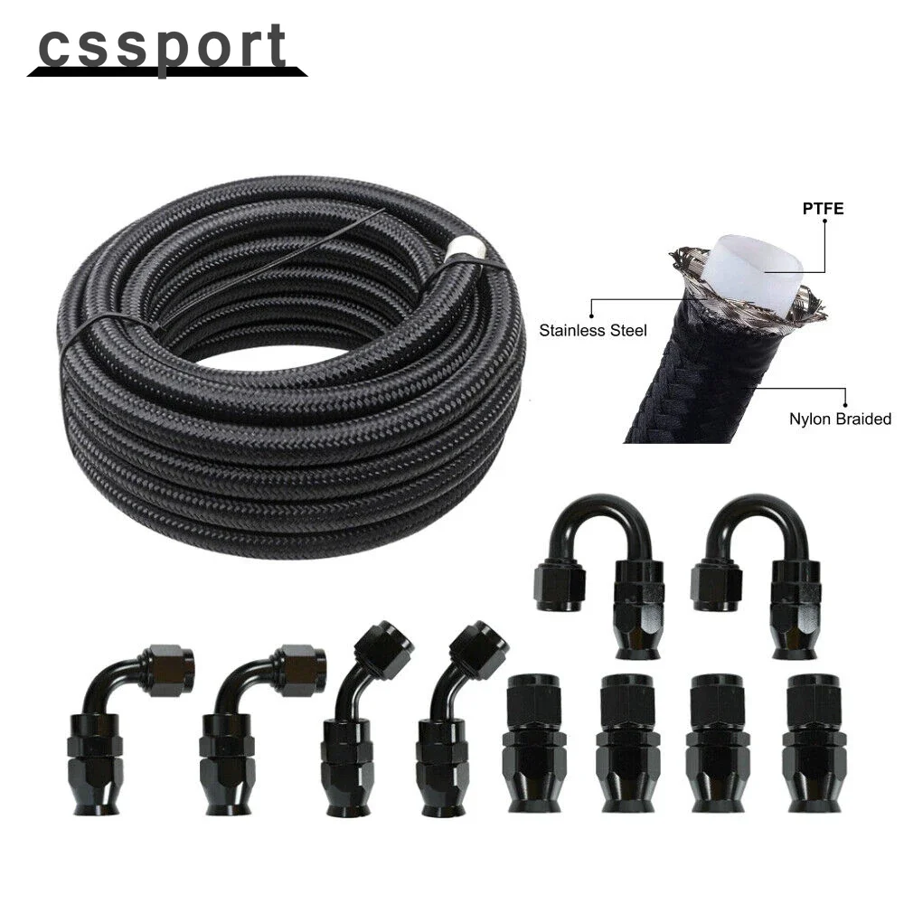 

6AN Black Nylon E85 PTFE Fuel Line 30FT with 6 or 10 Fittings Hose Kit