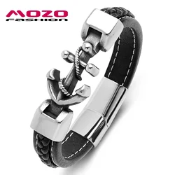 Leather Charm Bracelets for Men, High Quality, Stainless Steel, Ship Anchor, Old School Style, Trendy, Personality