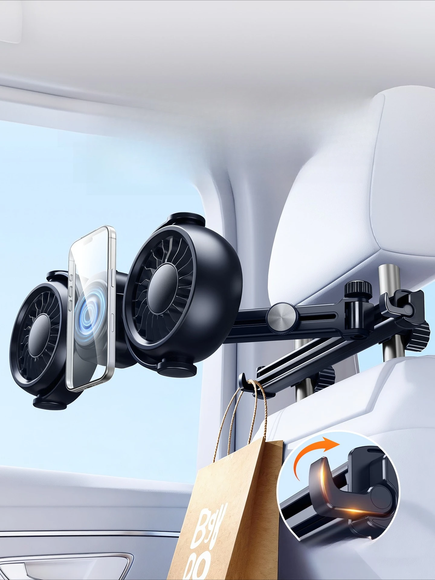 Hipacool 3 in 1 Fan & Magnetic Phone Holder & Hook Dual Head Car Rear Headrest Fan 4000mAh Rechargeable 360° Rotatable Car Fan