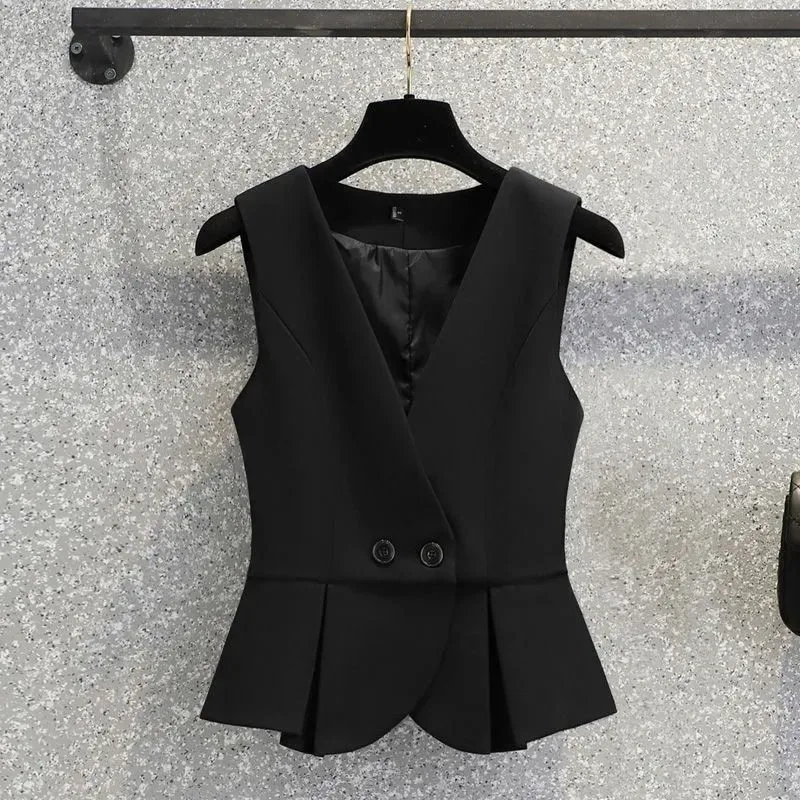 Spring Office Suit Vest Jacket Women Two Button Camisole Vest Coat Design Irregular Hem Pleat Tank Top Versatile