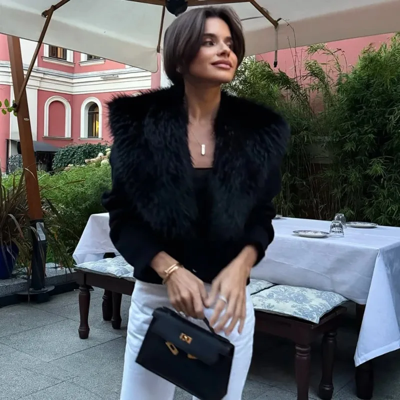 Talenza Women's Black Fleece Cardigan Fashion Elegant Long-Sleeved Patchwork Slim Sweaters Vintage Streetwear Female Outerwear