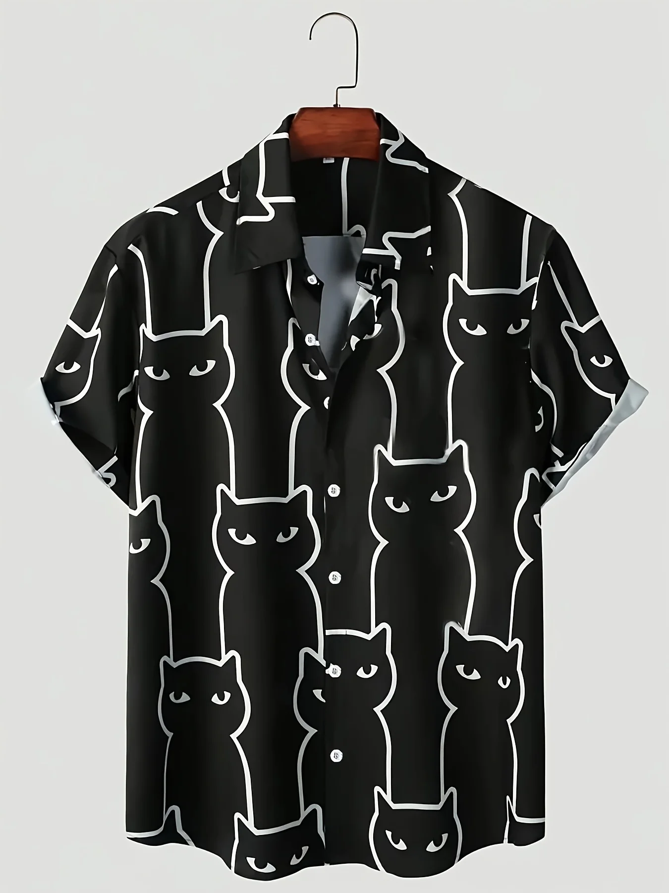 Men Minimal Line Art Black Cat Cartoon Print Short Sleeve Shirt Lapel Button‑up Vacation Casual Top