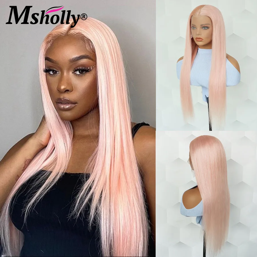 Perruque Lace Front Wig naturelle Remy lisse rose, 13x6, pre-plucked, colorée, densité 180, pour femmes