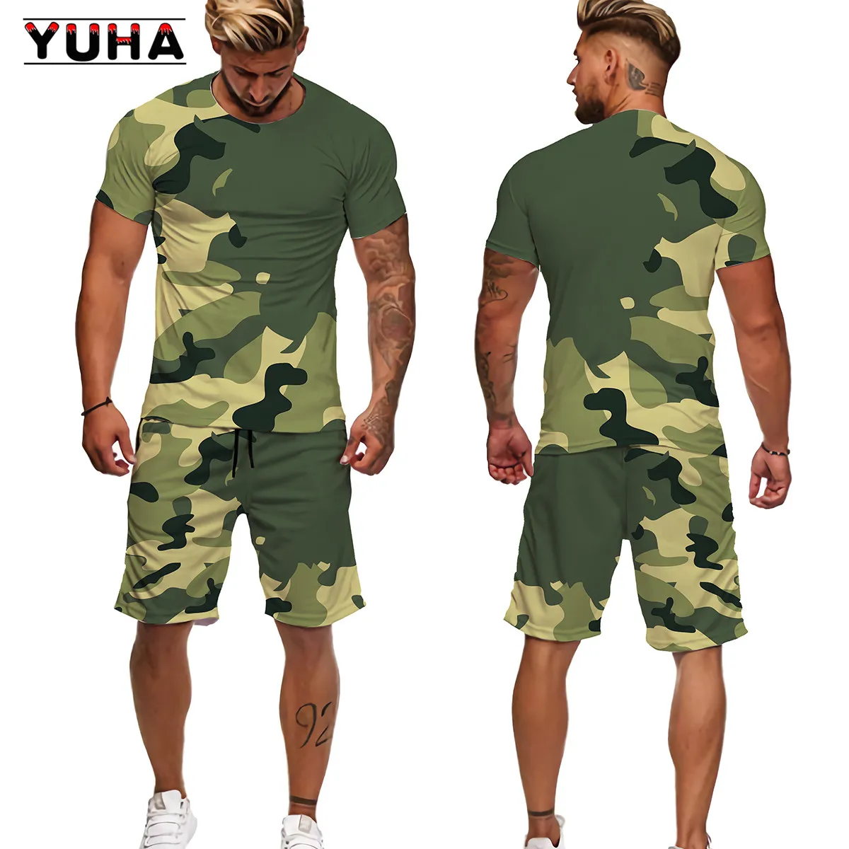 YUHA 2022 Summer Camouflage Tees/Shorts/Suits Men\'s T Shirt Shorts Tracksuit Sport Style Outdoor Camping Hunting Casual Mens Clo