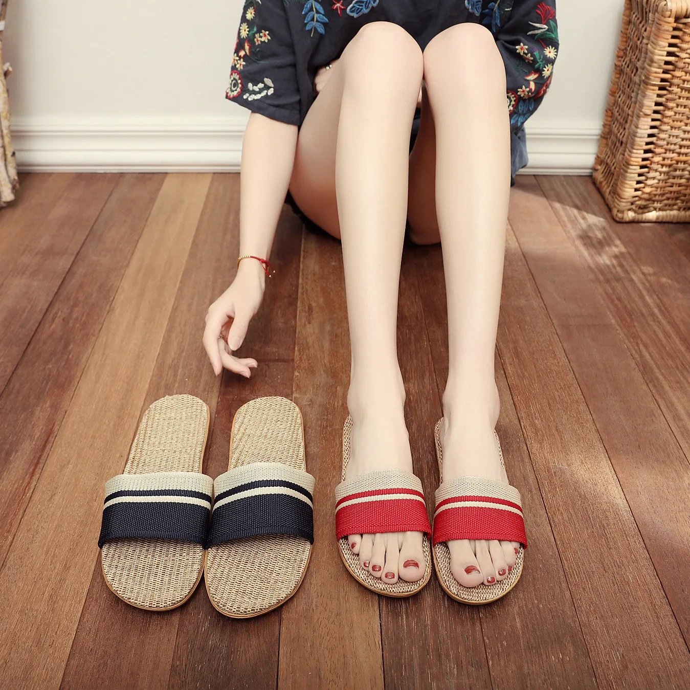 Candy Spring Summer Cotton Linen Four Season Stripes Couple Pelvic Floor Wooden Floor Indoor Home Slippers Women Home Shoes