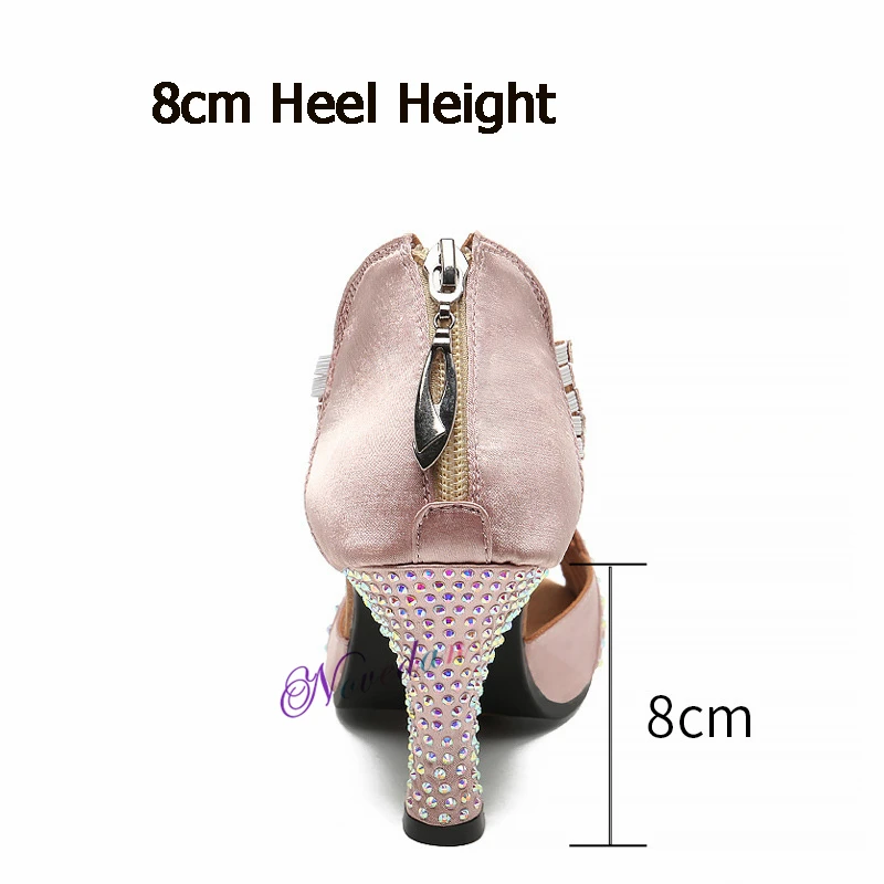 Glitter Rhinestones Satin Latin Dance Shoes Outdoor Salsa Party Prom Tango Ballroom Dancing Shoes Sandals Woman High Heels 8cm