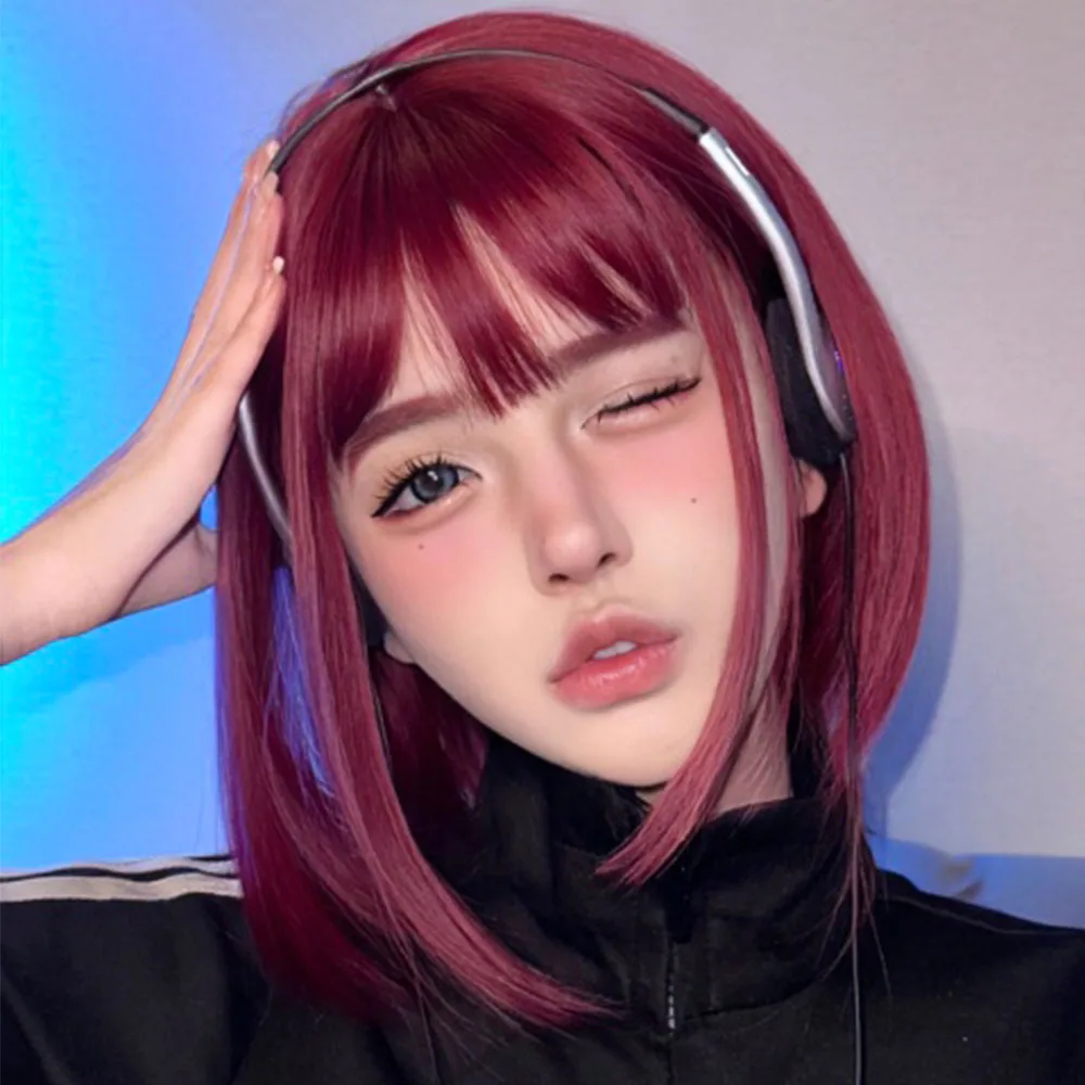 HAIRCUBE Wine Red Bob peruki z grzywką krótki Bob peruki syntetyczne dla kobiet żaroodpornych peruki syntetyczne codzienne włókna włosów Cosplay