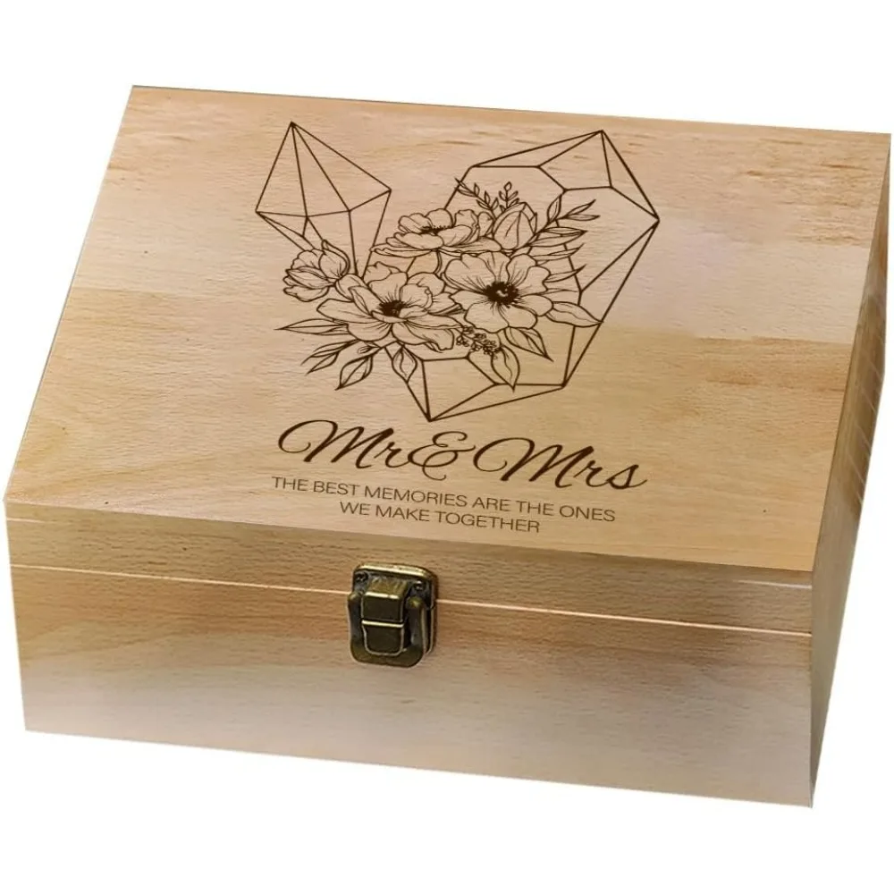 1 Pc Wood Memory Keepsake Box, Decorative Boxes Crystal Flowers Mr. Mrs Love Memory Box with Hinged Lids Keepsake Chest for