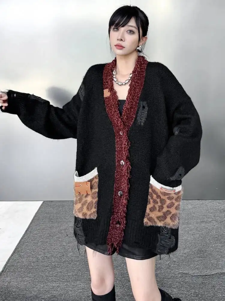 

Вязаный кардиган большого размера с цветными блоками, свитер с v-образным вырезом и длинными рукавами, женская новая мода, весна-осень