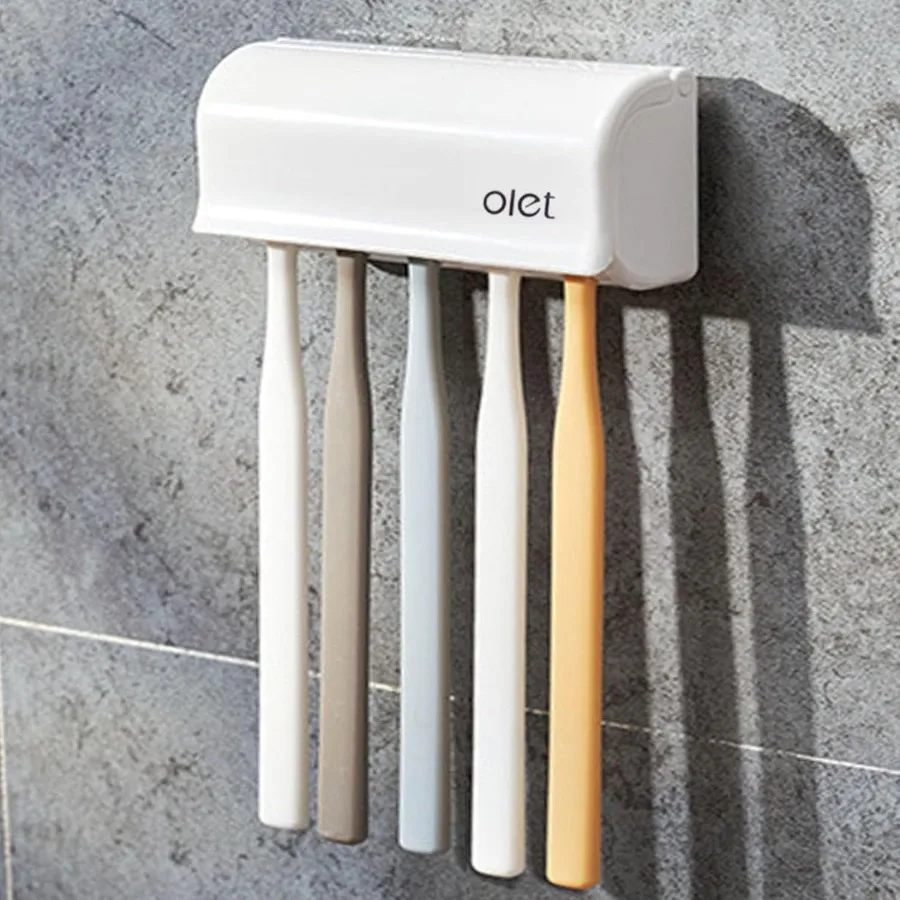 

Диспенсер для зубной пасты, настенный 5-держатель для зубных щеток с автоматическим дозатором для зубной пасты, противопыльный держатель для зубных щеток для ванны