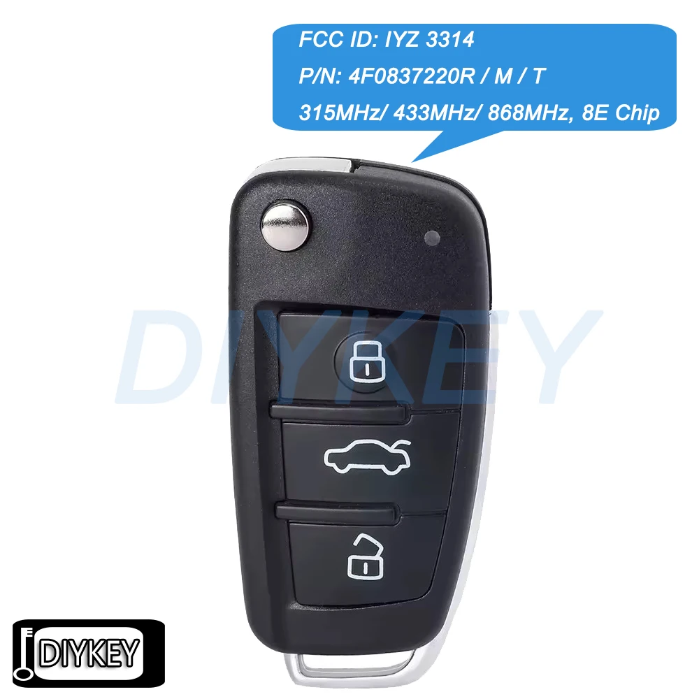 Flip Remote Key Fob FSK 315MHz/ 433MHz/ 868MHz 8E Chip for Audi A6 S6 Q7 2004-2015 IYZ 3314, 4F0837220R, 4F0837220M, 4F0837220T