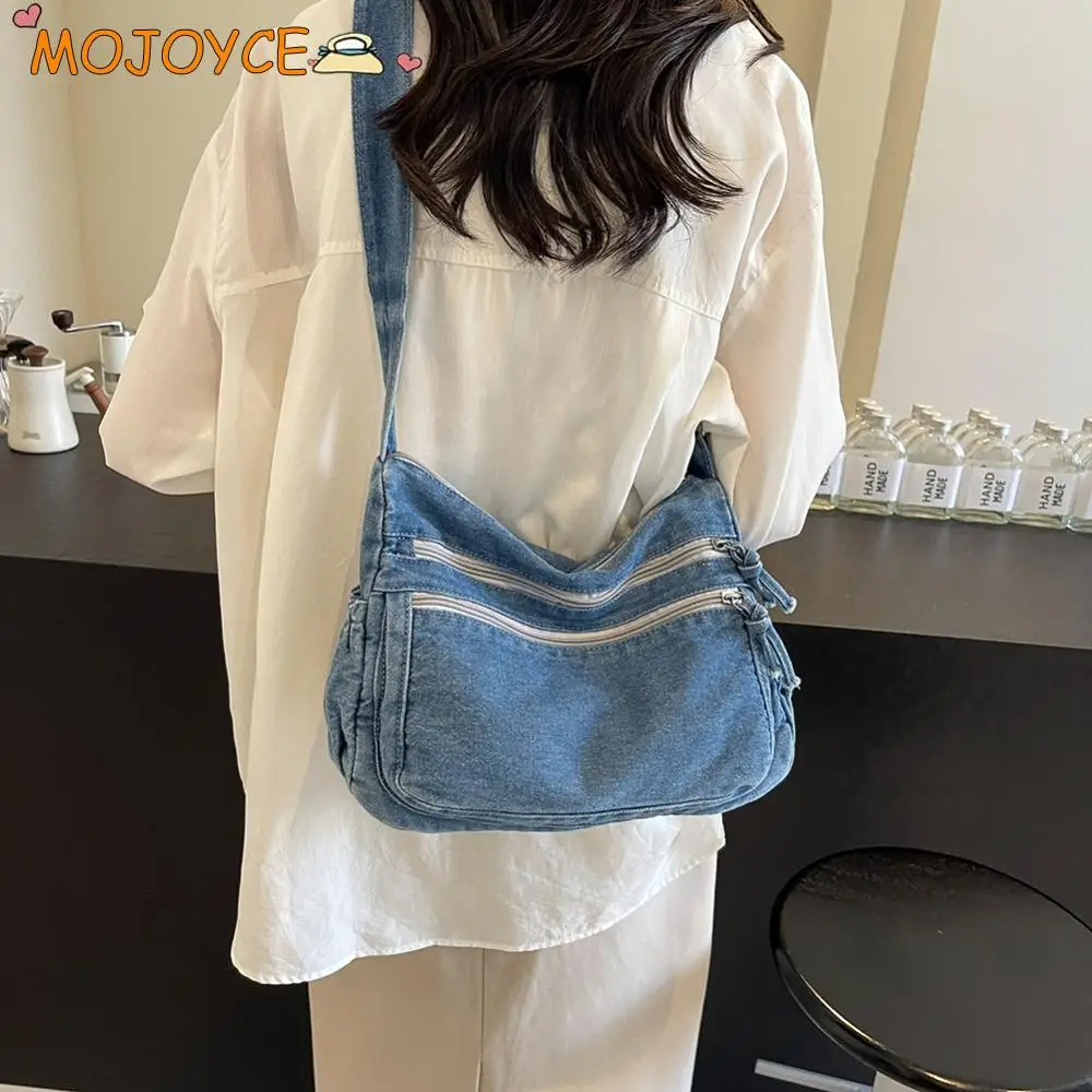 Vintage Denim Shoulder Bag Women's Large Capacity Messenger Bag Multi-pockets Satchel Bags Adjustable Strap Ladies Crossbody Bag