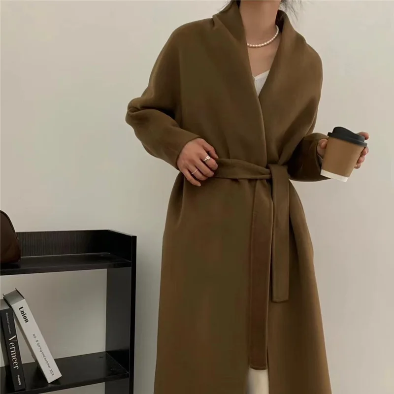 30% Cashmere High quality Double sided Cashmere Coat Women's Extended Simple Bathrobe Temperament Loose and High quality