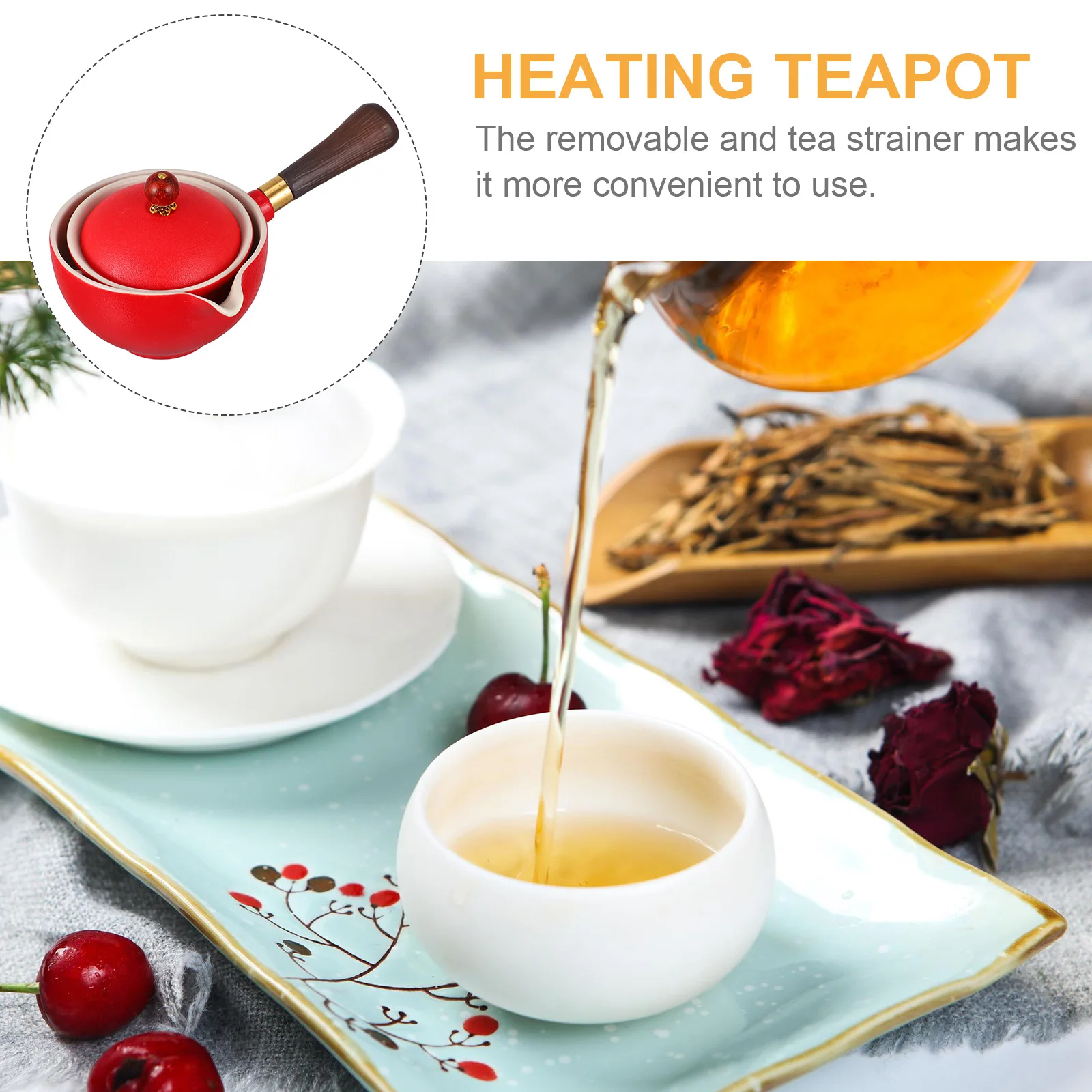 

1 pc Ceramic Tea Kettle Retro Long Handle Household Heating Pot Stainless Steel Filter Elegant Anti-Scald TeapotKitchen