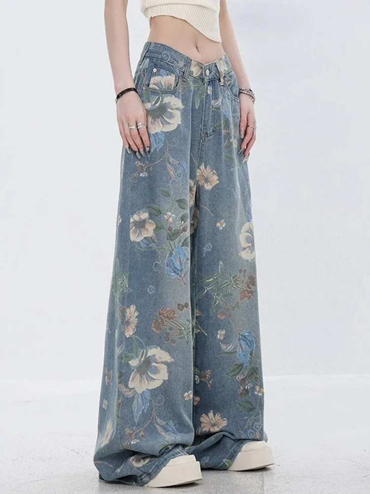 American Vintage Printing Contrast Color Street Female Wide Leg Pants Summer Basic Full Length Loose Casual Simple Women Jeans