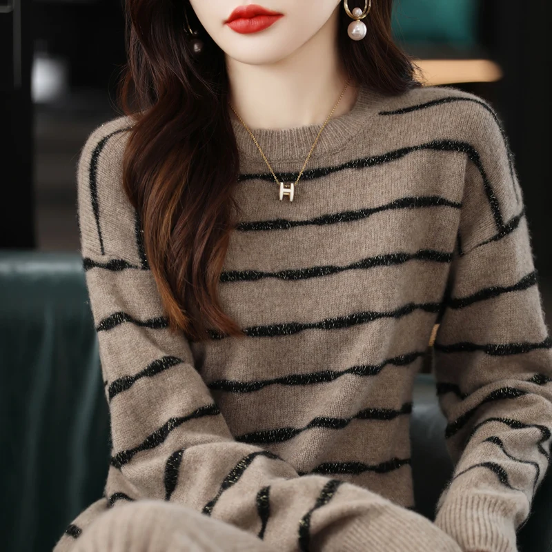 Color Blocked Wool Sweater Women Long Sleeved Loose And Fashionable Pullover Knit Top AutumnWinter Round Neck 100% Wool Jumper