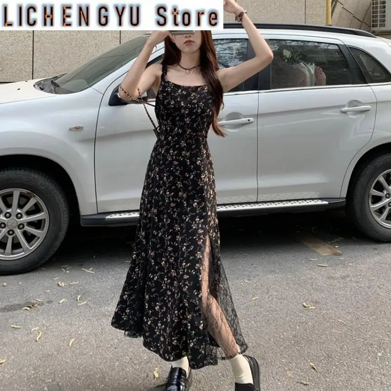 New Vintage Black Floral Dresses Women Korean Irregular Split Sexy Sleeveless Mesh Camis Dress Thin Slim Summer Female