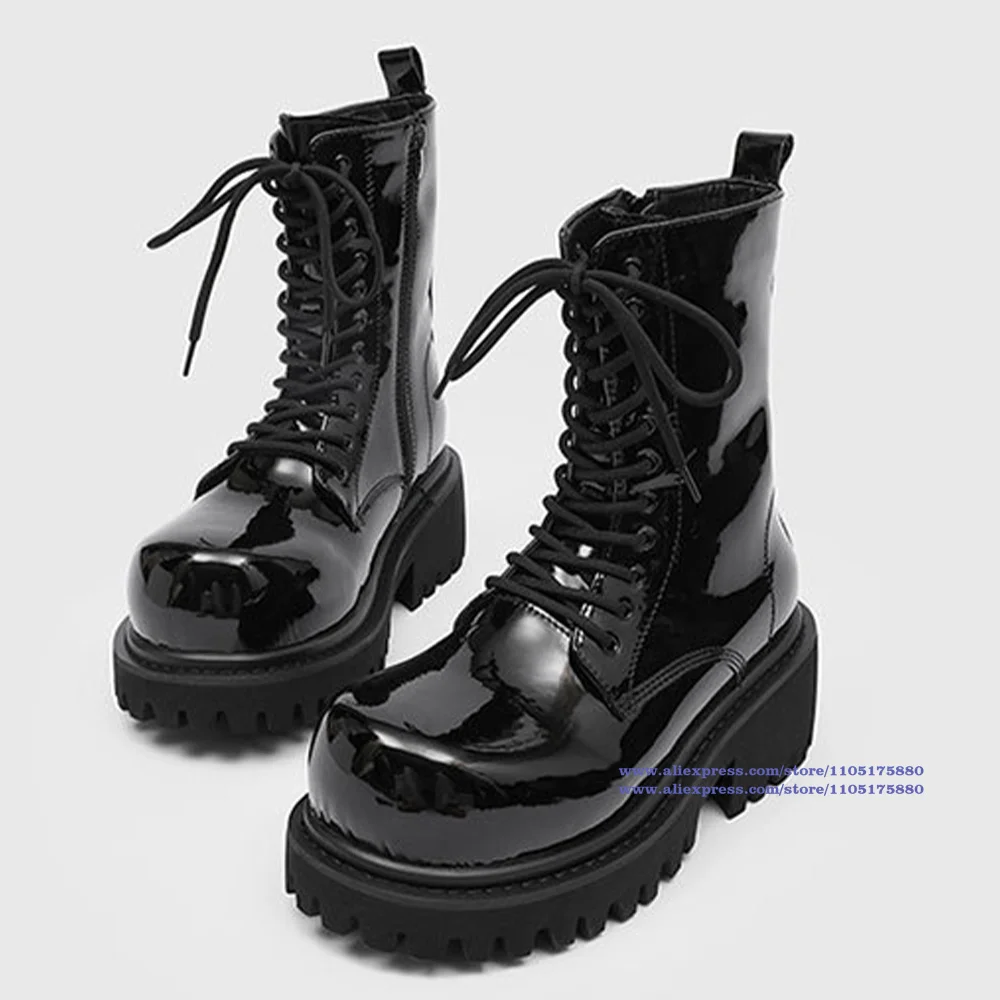 Black Patent Leather Men's Boots Thick-Soled Round Toe Lace-Up High Top Booties Luxury Designer Trendy Men's Booties Botas Mujer