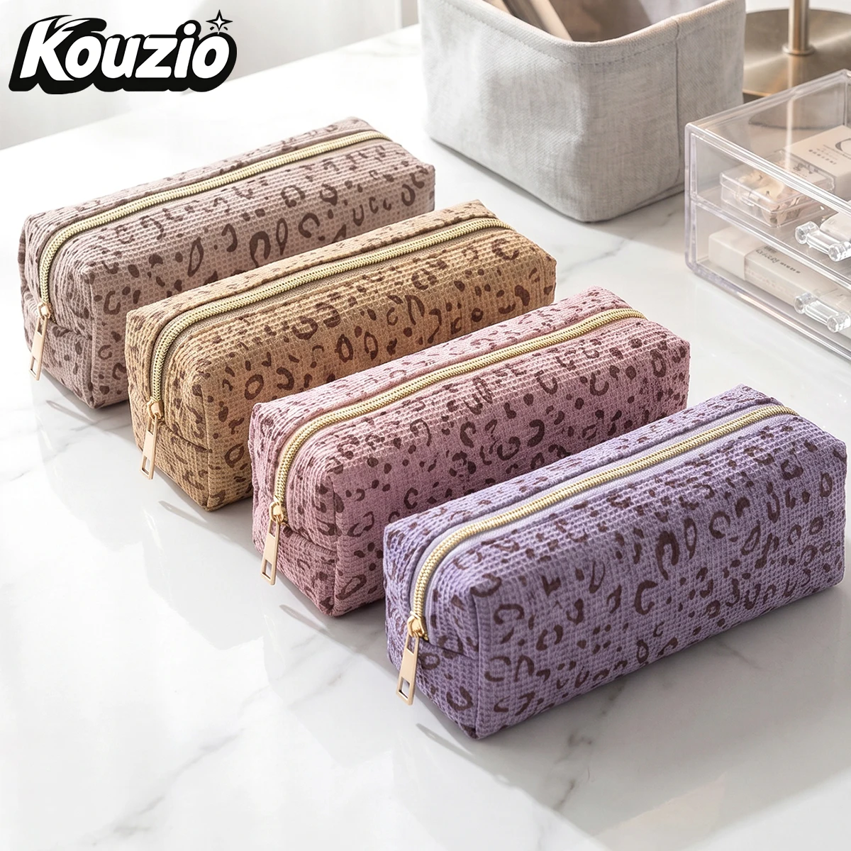 Corduroy Leopard Print Pencil Case, Large Capacity Zipper Stationery Organizer for Students - KOUZIO