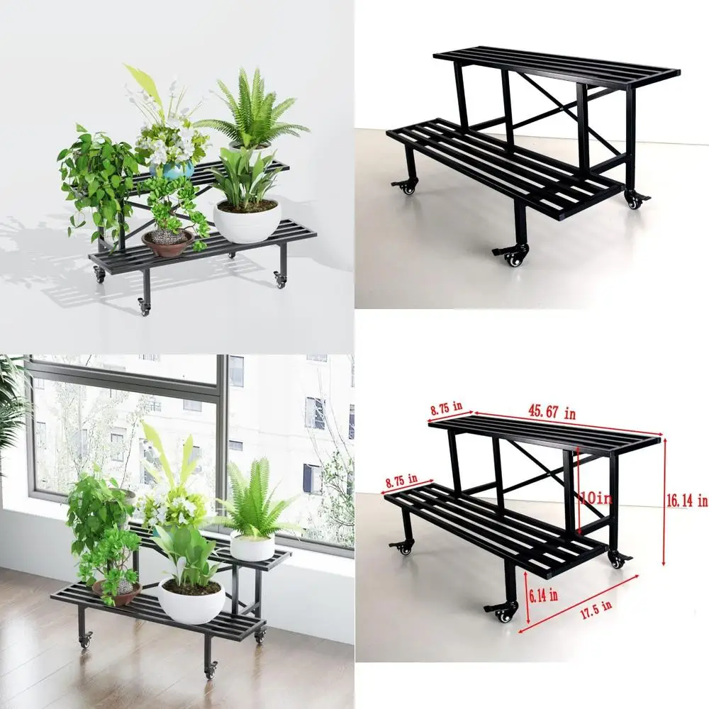 

Durable 2-Tier Metal Plant Stand with Wheels - Heavy Duty Indoor/Outdoor, 45.67x17.5x16.14 inches, Holds 440 LBS
