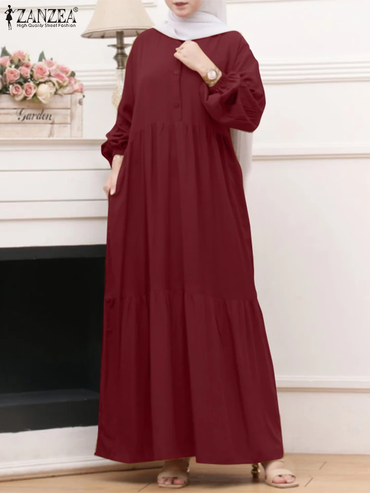 

ZANZEA Muslim Abaya Robe Islamic Clothing Women Elegant Maxi Dresses Dubai Hijab Vestidos Long Sleeve V Neck Party Sundress