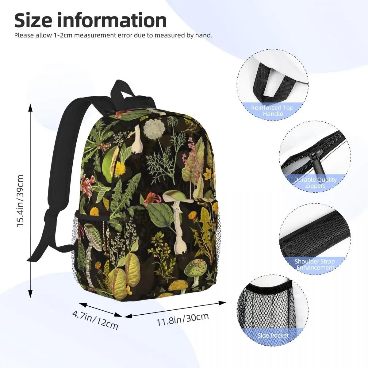 Vintage Toxic Mushrooms And Wildflowers Forest Pattern On Black Backpacks Boys Girls Bookbag Casual Laptop Rucksack Shoulder Bag