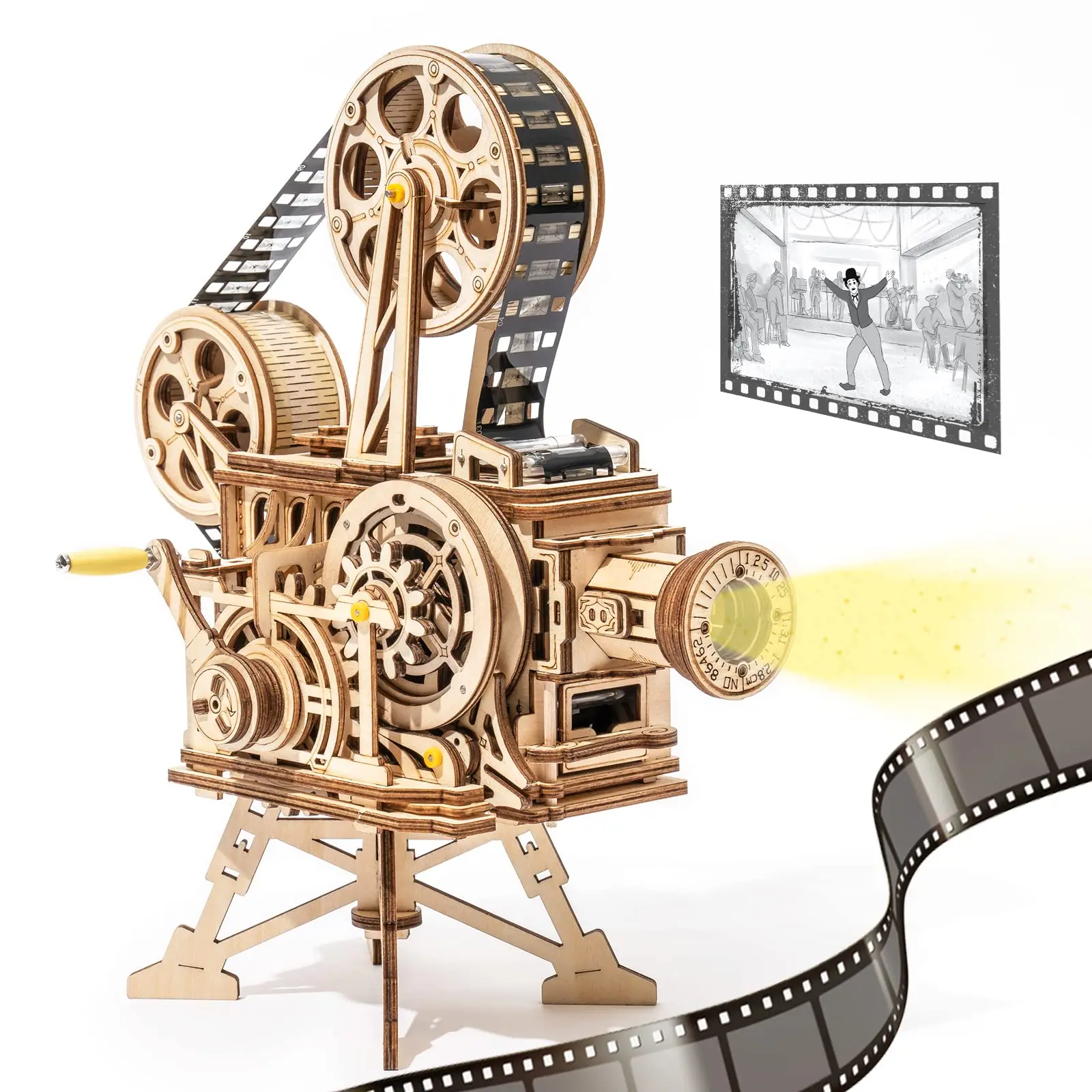 Robotime 183pcs Retro Diy 3D Hand Crank Film Projector Wooden Model Building Kits Assembly Vitascope Toy Gift for Children Adult