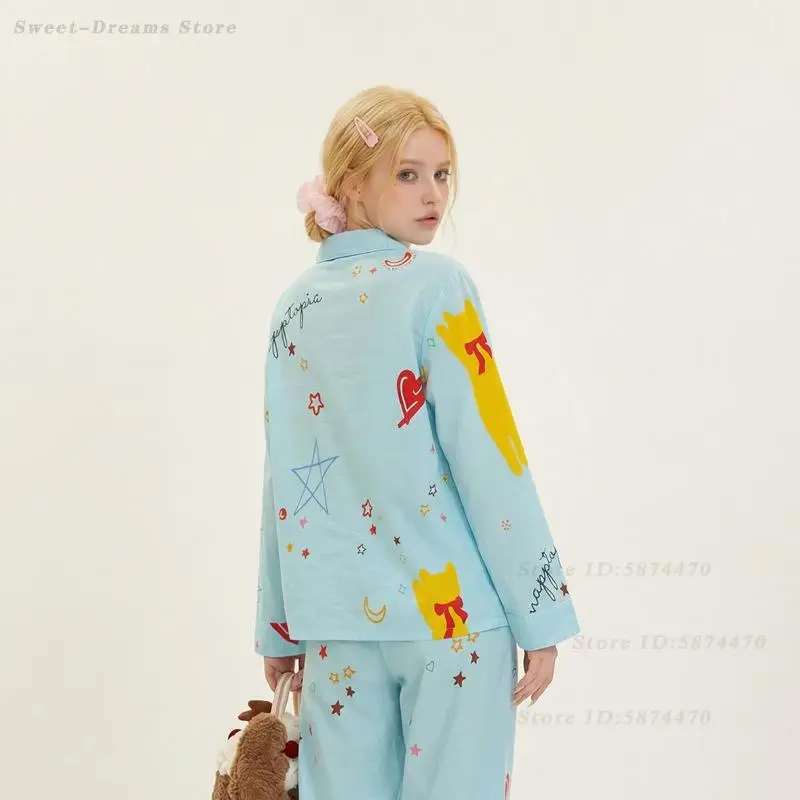 Student Cartoon Home Clothes Fashion Casual Sleepwear Long Sleeves 2PCS Pajamas Set Loungewear Spring Summer Cotton Night Wear